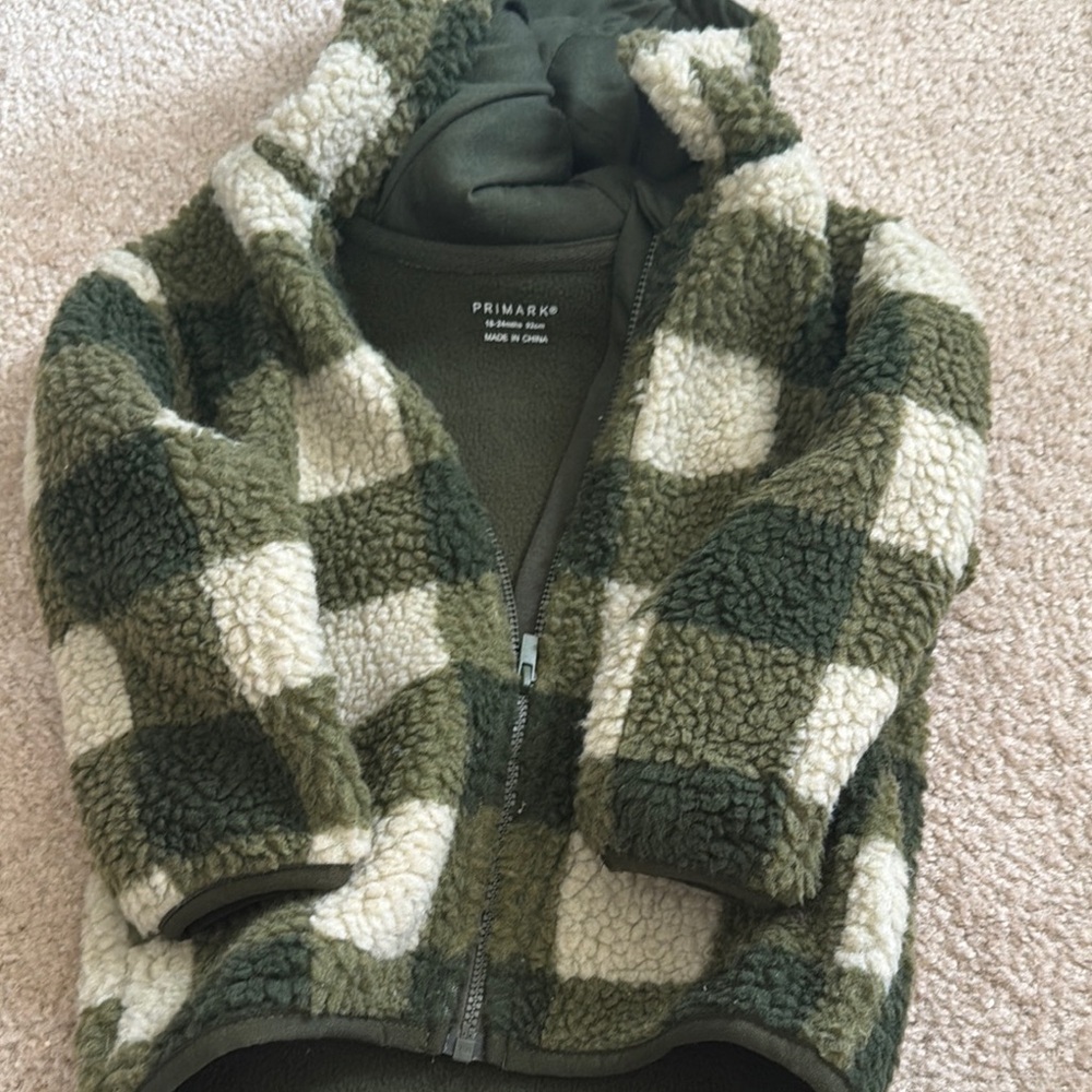 Primark Kids Olive & Cream Check Sherpa Zip Hoodie